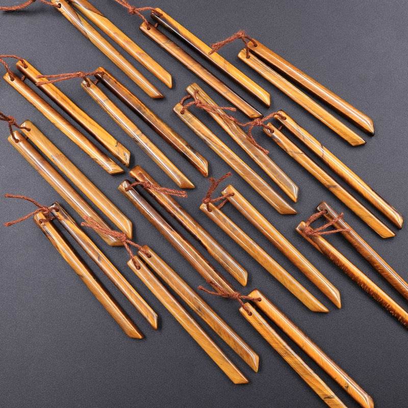 Super Long Linear Spike Earring Pair Matched Gemstone Golden Brown Tiger Eye Beads With Beveled Edge
