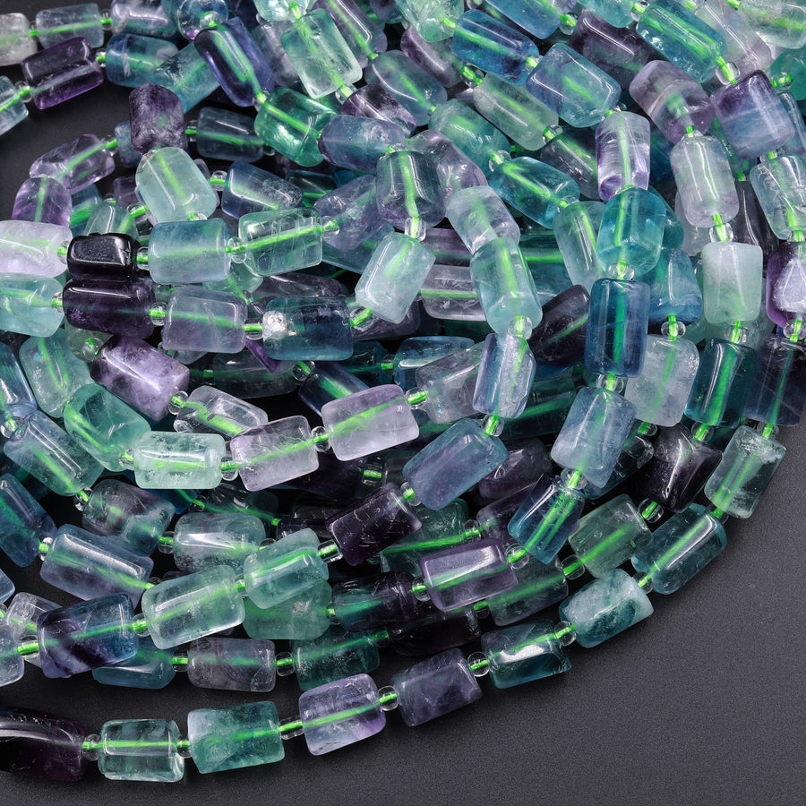 Natural Fluorite Tube Beads Polished Purple Green Blue Gemstone 16" Strand