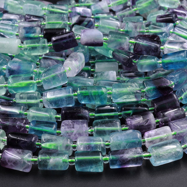 Natural Fluorite Tube Beads Polished Purple Green Blue Gemstone 16" Strand