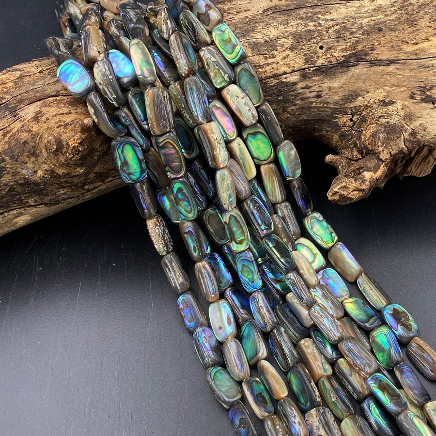 Natural Abalone Tube Beads Iridescent Rainbow Glow Blue Green Red Pink Flash 16" Strand