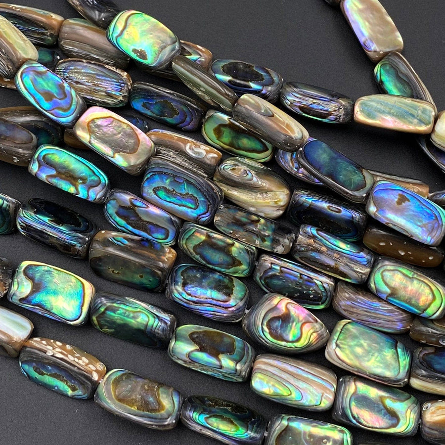 Natural Abalone Tube Beads Iridescent Rainbow Glow Blue Green Red Pink Flash 16" Strand