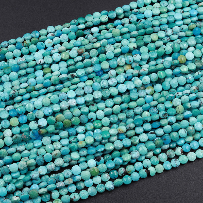 Natural Turquoise Faceted 4mm Coin Beads Real Genuine Natural Blue Green Turquoise Micro Faceted Laser Diamond Cut 16" Strand