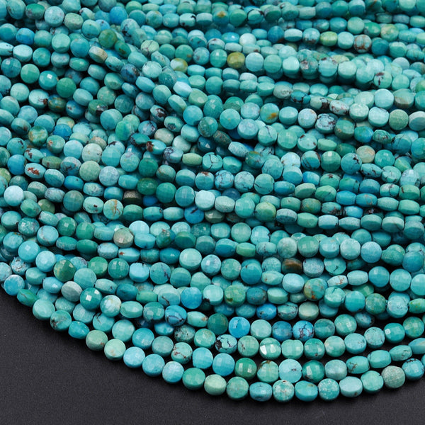 Natural Turquoise Faceted 4mm Coin Beads Real Genuine Natural Blue Green Turquoise Micro Faceted Laser Diamond Cut 16" Strand