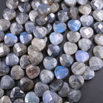 Faceted Labradorite Heart Beads 12mm 14mm Natural Dark Labradorite Brilliant Blue Flashes 16" Strand
