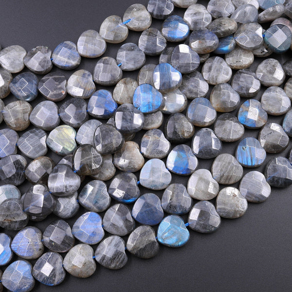 Faceted Labradorite Heart Beads 12mm 14mm Natural Dark Labradorite Brilliant Blue Flashes 16" Strand