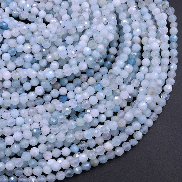 Micro Faceted Natural Aquamarine 4mm Round Beads Laser Diamond Cut Real Genuine Blue Aquamarine Gemstone 16" Strand