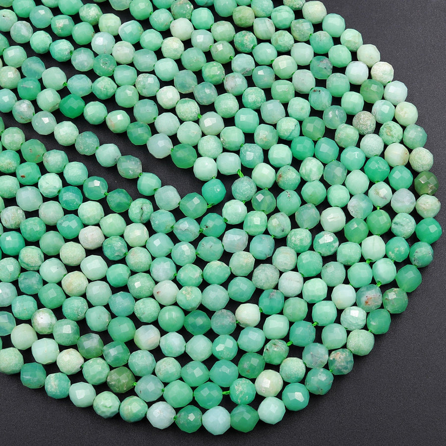 Natural Australian Green Chrysoprase Faceted Round 5mm Beads Diamond Cut Gemstone Beads 16" Strand