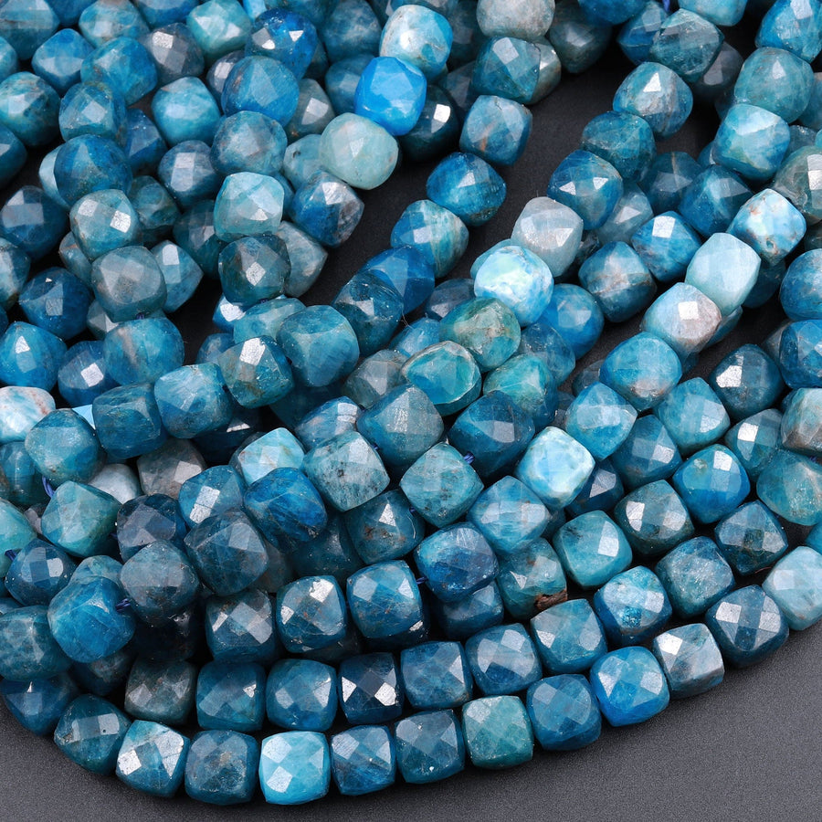 Natural Blue Apatite Faceted 6mm Cube Beads Gemstone Dice 16" Strand
