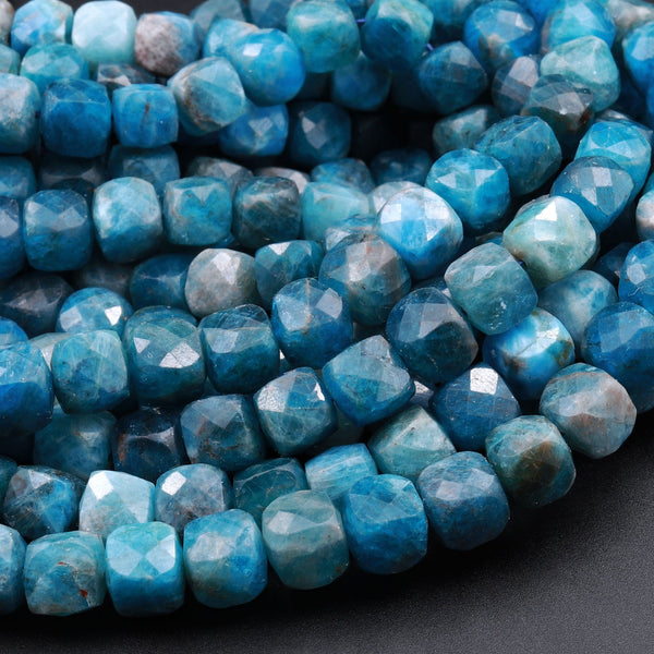 Natural Blue Apatite Faceted 6mm Cube Beads Gemstone Dice 16" Strand