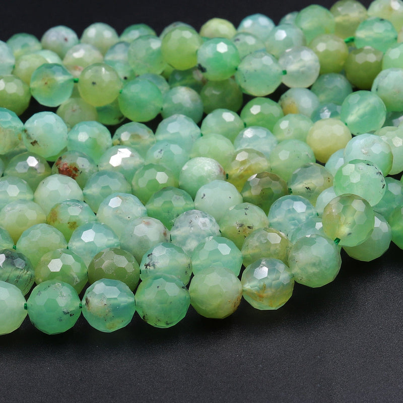 Natural Australian Green Chrysoprase Faceted Round 6mm 8mm Beads Diamond Cut Gemstone 15.5" Strand
