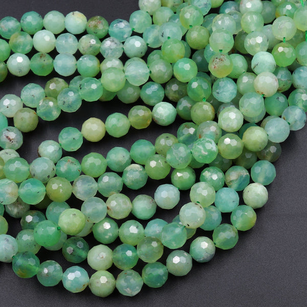 Natural Australian Green Chrysoprase Faceted Round 6mm 8mm Beads Diamond Cut Gemstone 15.5" Strand
