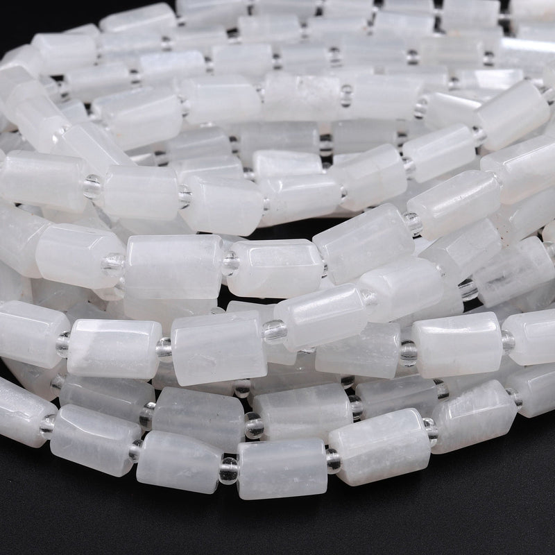 Natural Pristine White Moonstone Tube Beads Shimmering Faceted Cylinder 16" Strand