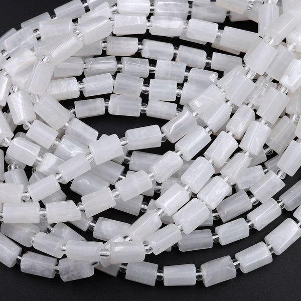 Natural Pristine White Moonstone Tube Beads Shimmering Faceted Cylinder 16" Strand