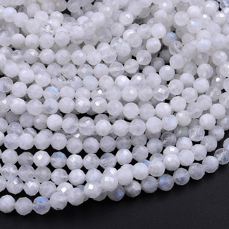 Natural Rainbow Moonstone 2mm 3mm 4mm 5mm 6mm Faceted Round Beads Micro Faceted Laser Cut Diamond Cut Gemstone 15.5" Strand