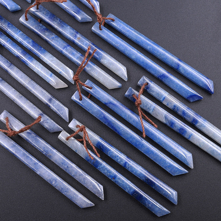 Super Long Linear Spike Earring Pair Matched Gemstone Natural Blue Aventurine Beads With Beveled Edge