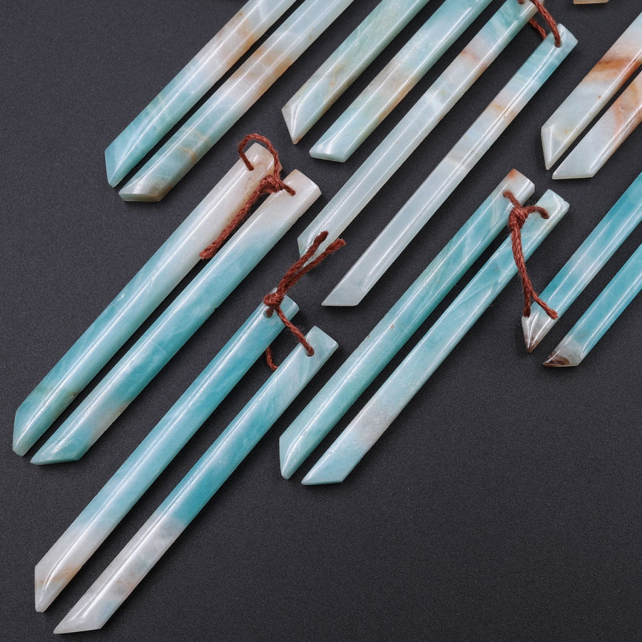 Super Long Linear Spike Earring Pair Matched Gemstone Natural Sea Blue Green Amazonite Beads With Beveled Edge