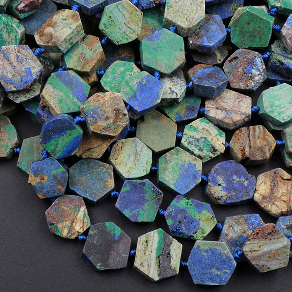 Azurite Beads Hexagon Shape Flat Slice Rare Energy Stone Genuine Real 100% Natural Blue Lightening Azurite Beads 16" Strand