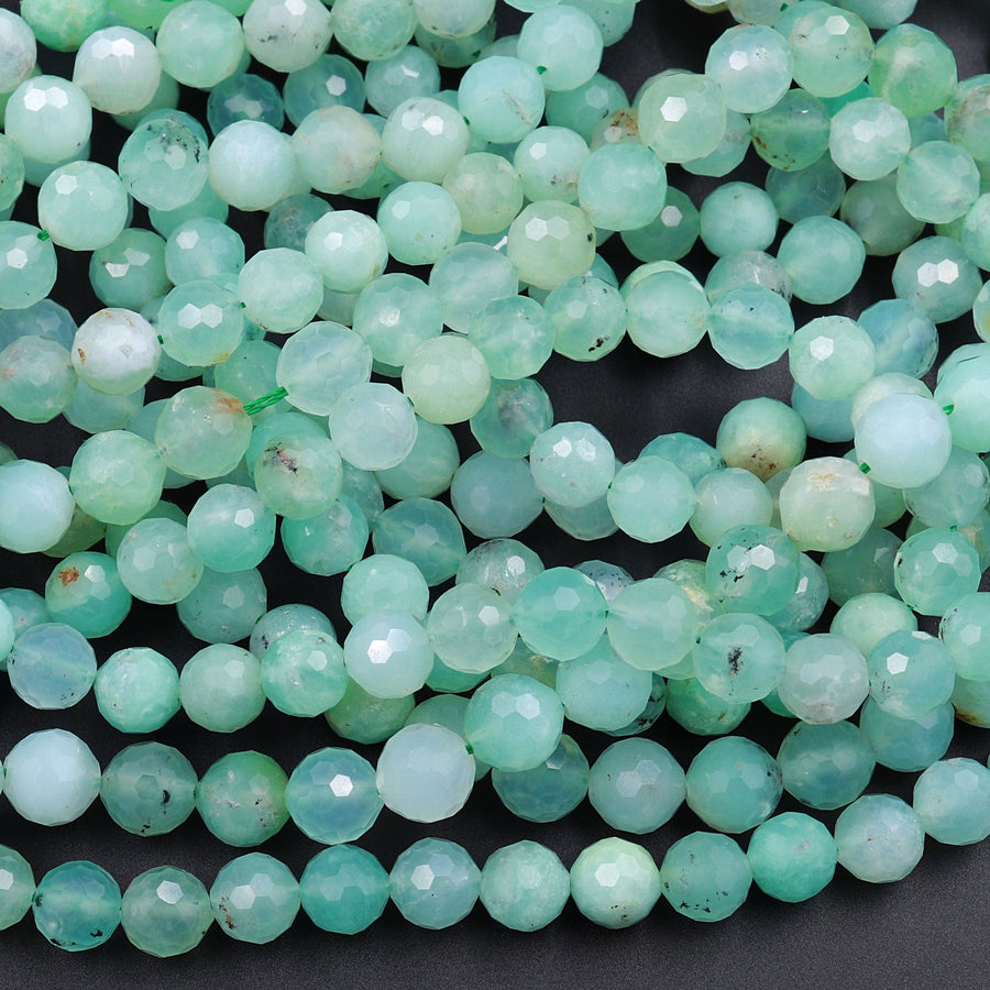 Natural Australian Green Chrysoprase Faceted Round 6mm 8mm Beads Diamond Cut Gemstone Beads 16" Strand