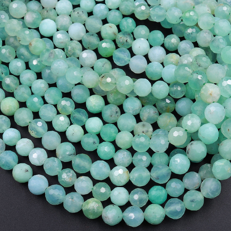 Natural Australian Green Chrysoprase Faceted Round 6mm 8mm Beads Diamond Cut Gemstone Beads 16" Strand