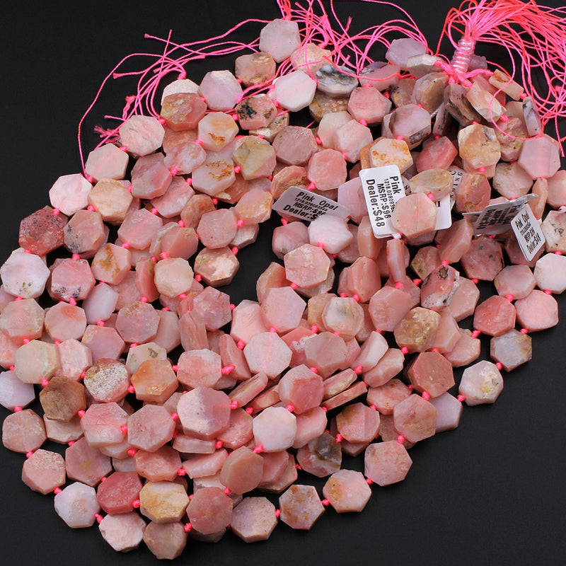 Natural Peruvian Pink Opal Hexagon Beads Flat Slice 16" Strand