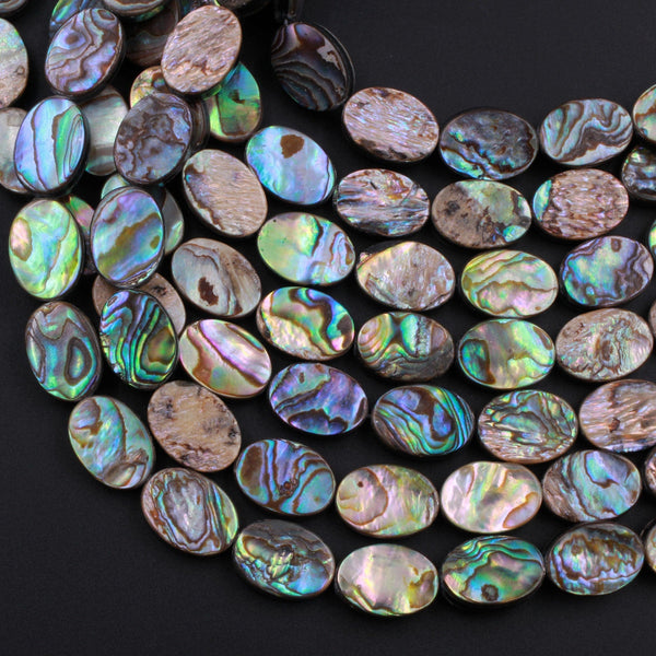 Natural Abalone 14x10mm Flat Oval Beads Iridescent Rainbow Glow Blue Green Red Pink 16" Strand