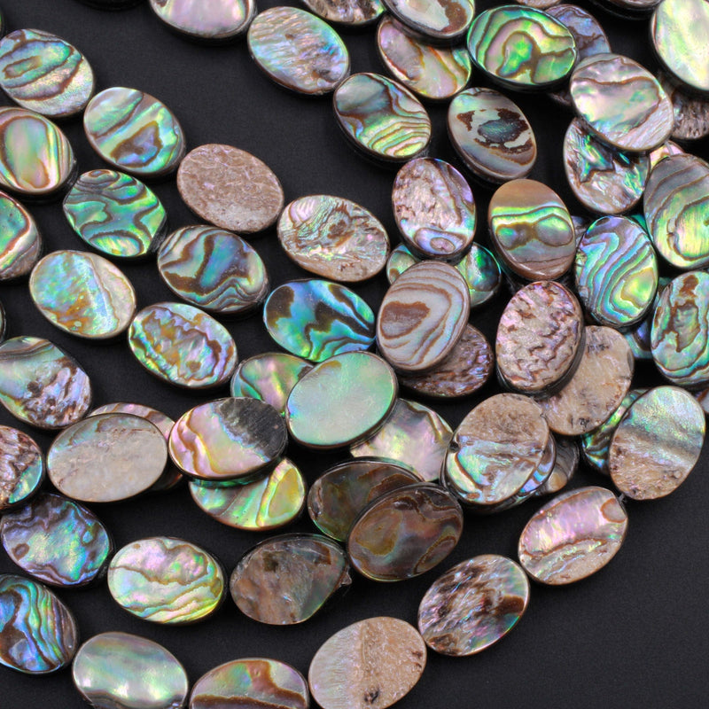 Natural Abalone 14x10mm Flat Oval Beads Iridescent Rainbow Glow Blue Green Red Pink 16" Strand