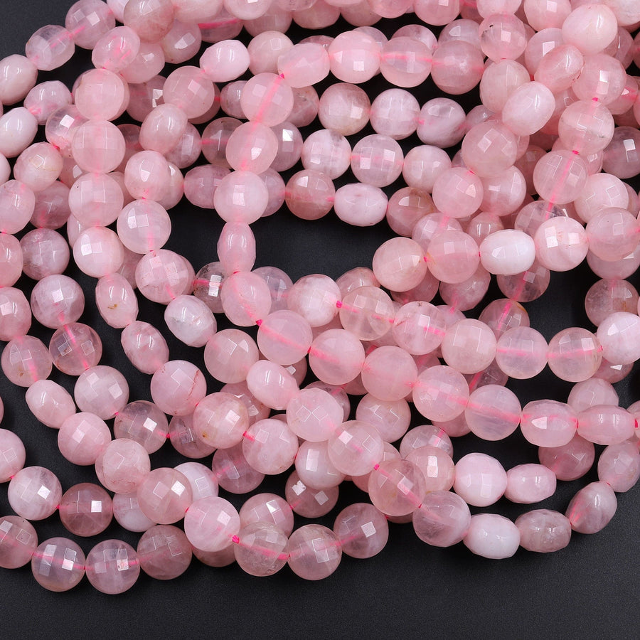 Faceted Madagascar Pink Rose Quartz 4mm 6mm 8mm 10mm Coin Beads Flat Disc Dazzling Facets Natural Gemstone 15.5" Strand