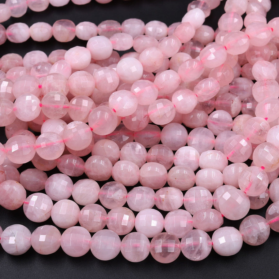 Faceted Madagascar Pink Rose Quartz 4mm 6mm 8mm 10mm Coin Beads Flat Disc Dazzling Facets Natural Gemstone 15.5" Strand