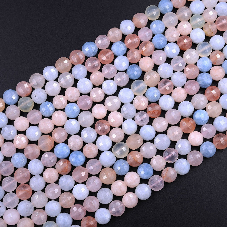 Faceted Blue Aquamarine Pink Morganite 8mm Coin Beads Flat Disc Dazzling Facets Natural Gemstone 15.5" Strand