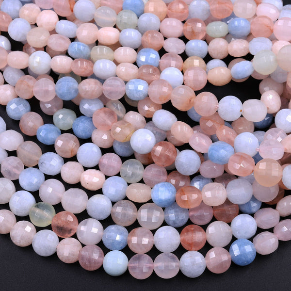 Faceted Blue Aquamarine Pink Morganite 8mm Coin Beads Flat Disc Dazzling Facets Natural Gemstone 15.5" Strand