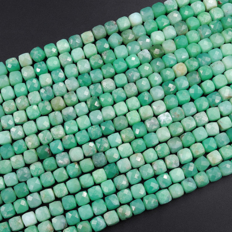 Natural Green Chrysoprase Faceted 5mm 6mm Cube Beads Micro Faceted Laser Diamond Cut 15.5" Strand