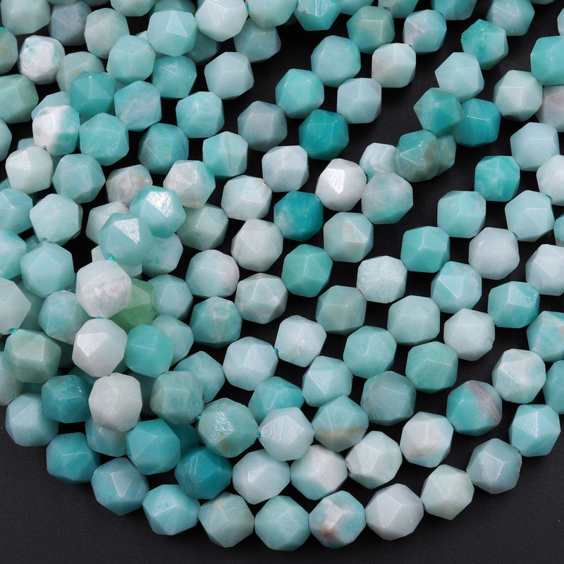 Star Cut Natural Blue Amazonite Beads Faceted 8mm 10mm Rounded Nugget Sharp Facets 15" Strand