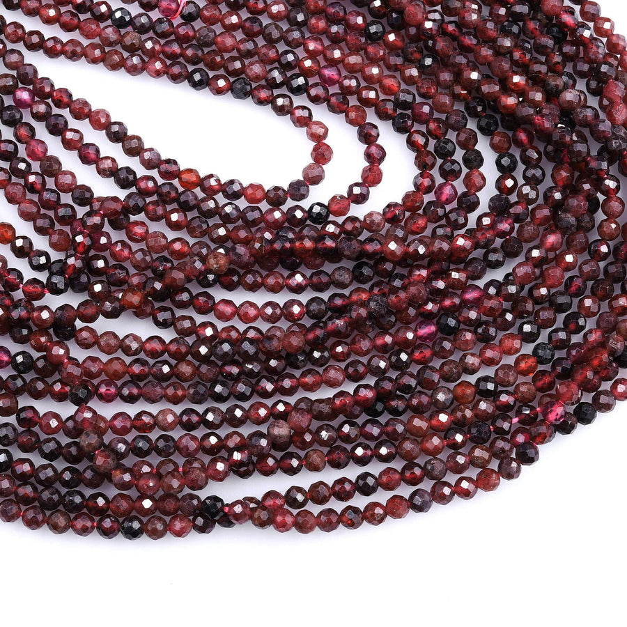 Natural Garnet Faceted 3mm Round Beads Micro Faceted Tiny Small Round Beads Diamond Cut Gemstone 15.5" Strand