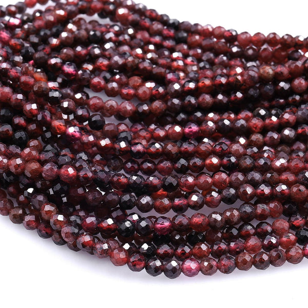 Natural Garnet Faceted 3mm Round Beads Micro Faceted Tiny Small Round Beads Diamond Cut Gemstone 15.5" Strand