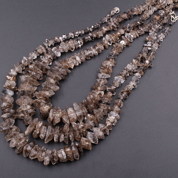 Large Graduated Natural Smoky Brown Herkimer Diamond Quartz Beads Double Pointed Quartz With Black Anthraxolite Inclusion 16" Strand