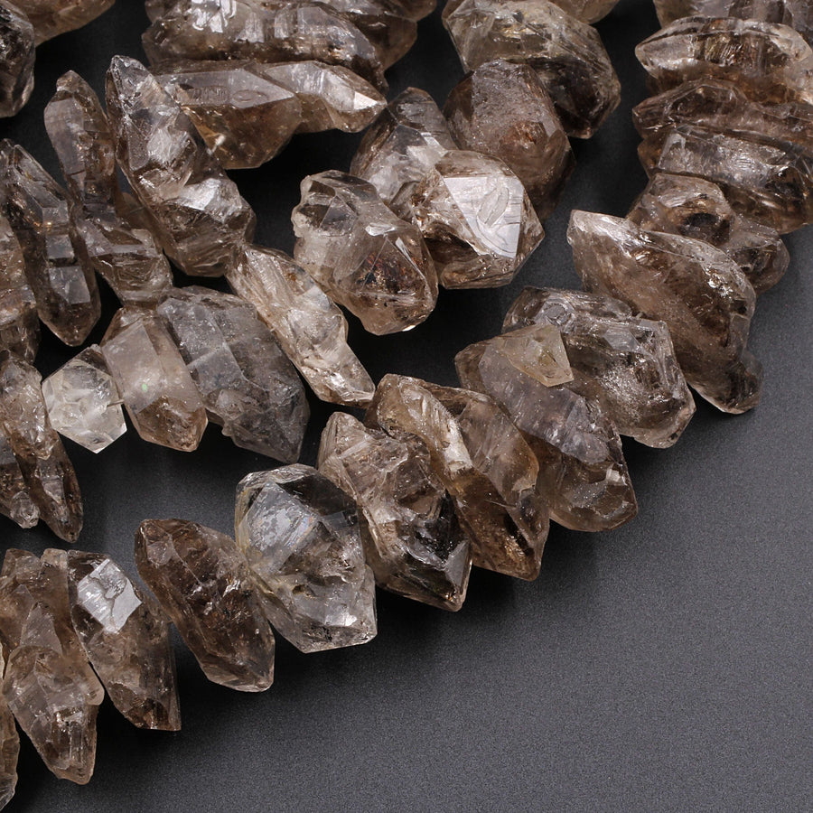 Large Graduated Natural Smoky Brown Herkimer Diamond Quartz Beads Double Pointed Quartz With Black Anthraxolite Inclusion 16" Strand