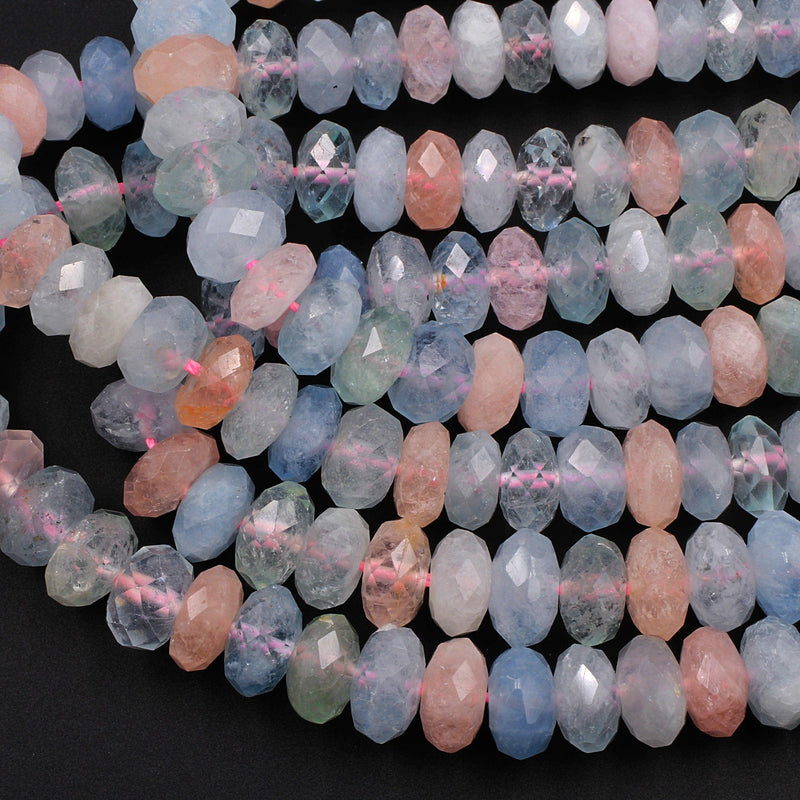 AAA Multicolor Pink Blue Green Aquamarine Morganite Beryl faceted Rondelle Beads 10mm 16" Strand