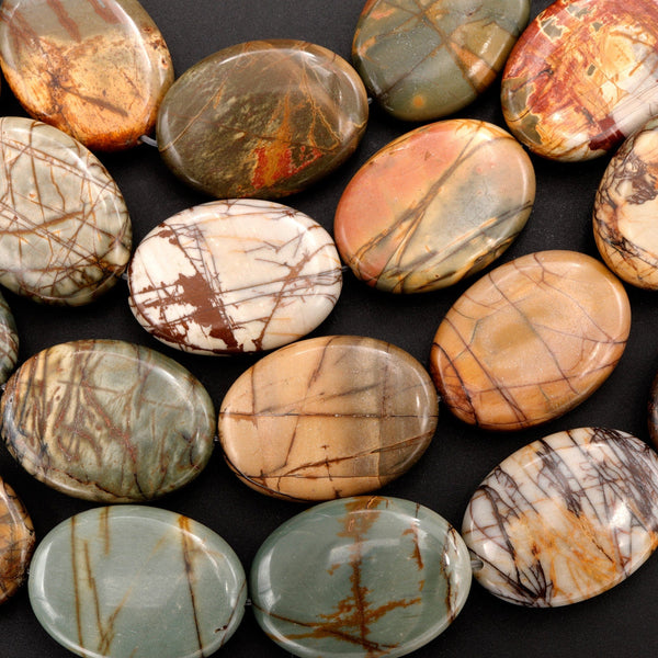 Large Red Creek Jasper Oval Beads 30mm 40mm Red Green Yellow Brown Natural Cherry Creek Multi-color Picasso Jasper 16" Strand