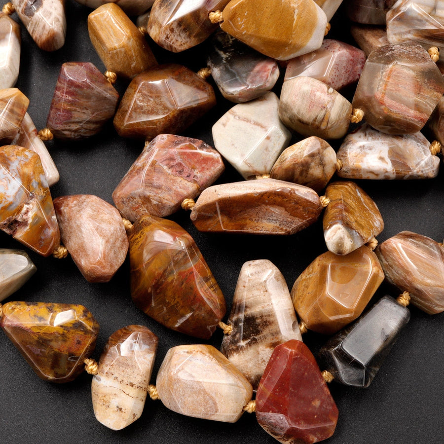 Natural Petrified Wood Beads Freeform Nuggets Earthy Brown Tan Beige Taupe Natural Stone 16" Strand