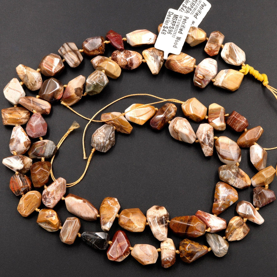 Natural Petrified Wood Beads Freeform Nuggets Earthy Brown Tan Beige Taupe Natural Stone 16" Strand