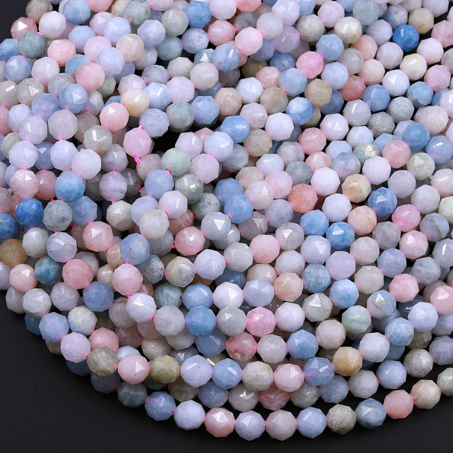 Natural Blue Aquamarine Pink Morganite Beads Faceted 6mm 8mm 10mm Round Gemstone New Double Hearted Star Cut 16" Strand