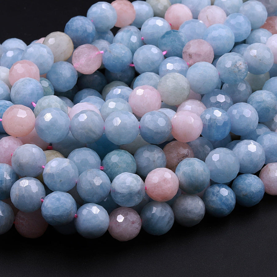 Micro Faceted Natural Blue Aquamarine Pink Morganite Round Beads 6mm 8mm 10mm 12mm 16" Strand