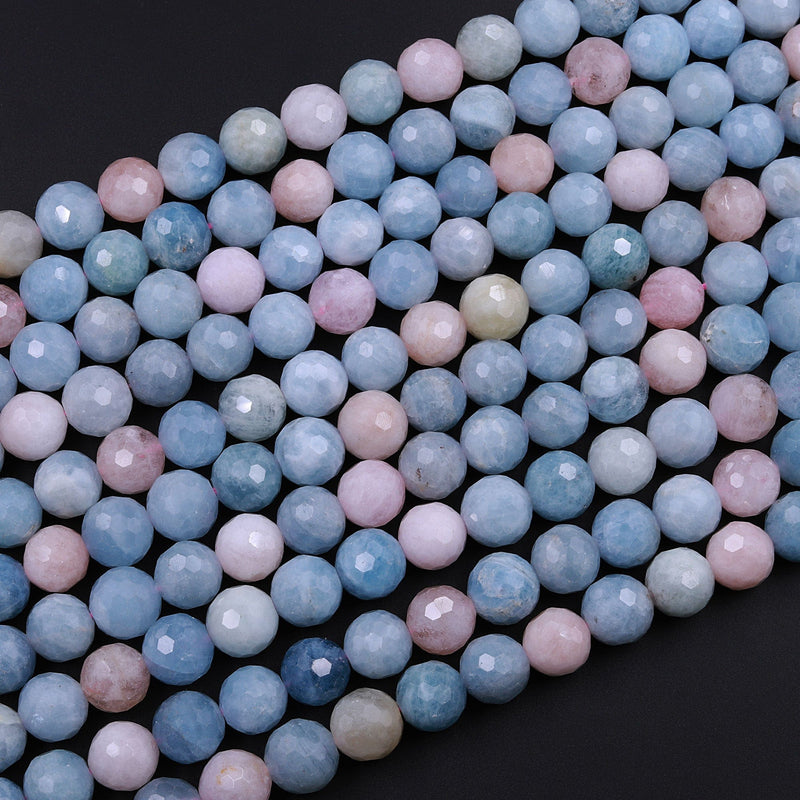 Micro Faceted Natural Blue Aquamarine Pink Morganite Round Beads 6mm 8mm 10mm 12mm 16" Strand