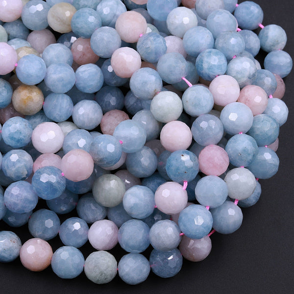 Micro Faceted Natural Blue Aquamarine Pink Morganite Round Beads 6mm 8mm 10mm 12mm 16" Strand