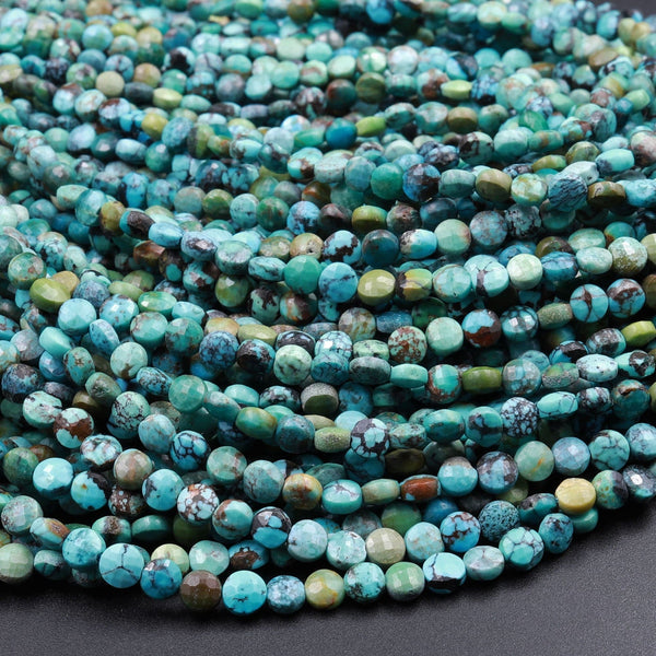 Natural Turquoise Faceted 4mm Coin Beads Real Genuine Natural Blue Green Dragon Skin Turquoise Gemstone 16" Strand