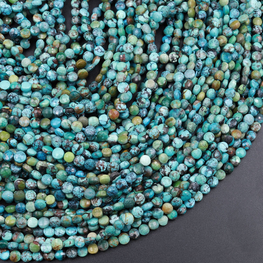 Natural Turquoise Faceted 4mm Coin Beads Real Genuine Natural Blue Green Dragon Skin Turquoise Gemstone 16" Strand