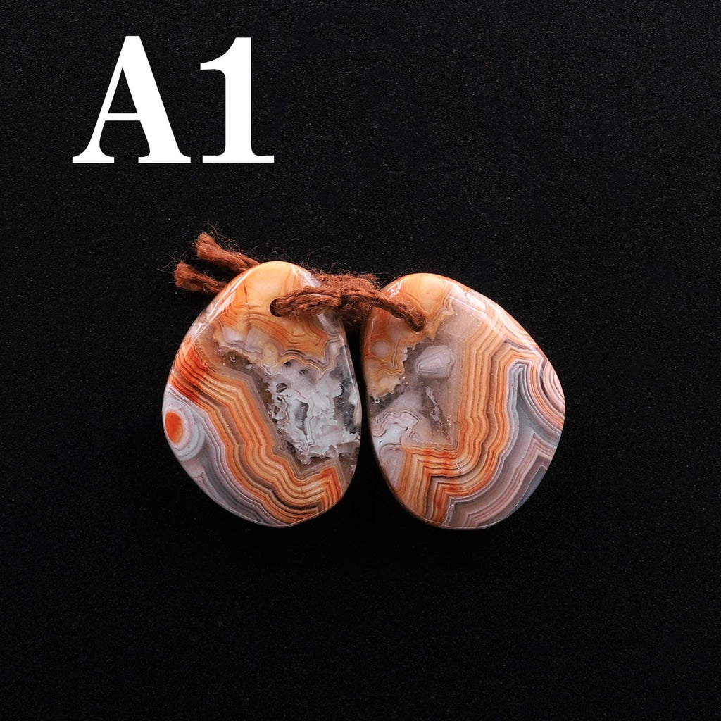 Drilled Laguna Lace Agate Freeform Earring Matched Gemstone Cabochon Stone Bead Pair A1