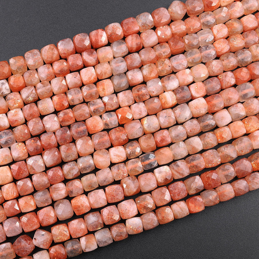 Natural Sunstone 6mm Faceted Cube Square Dice Beads 16" Strand