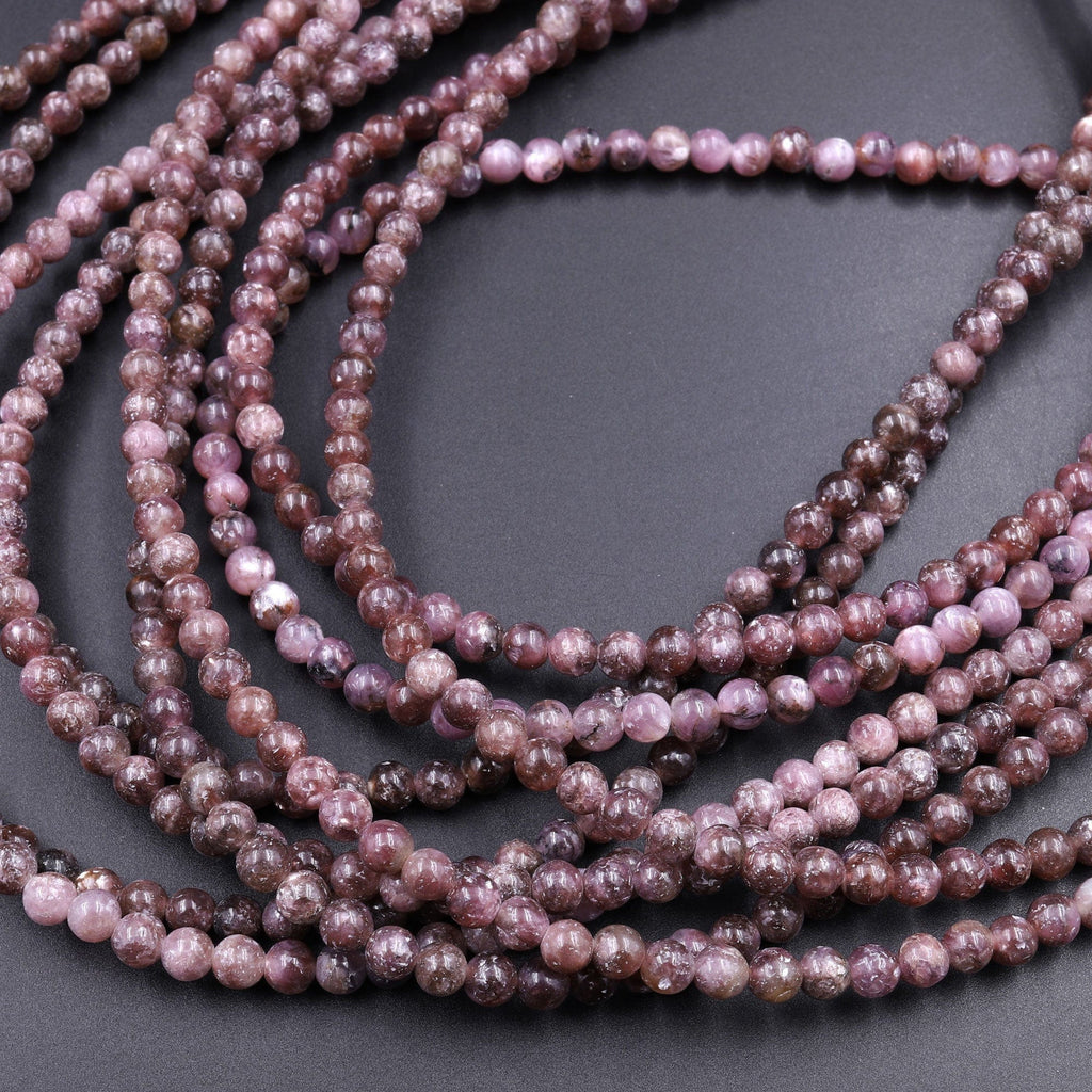 Natural Lepidolite 4mm Round Beads Chatoyant Earthy Natural Dark Maroon Purple Gemstone 16" Strand