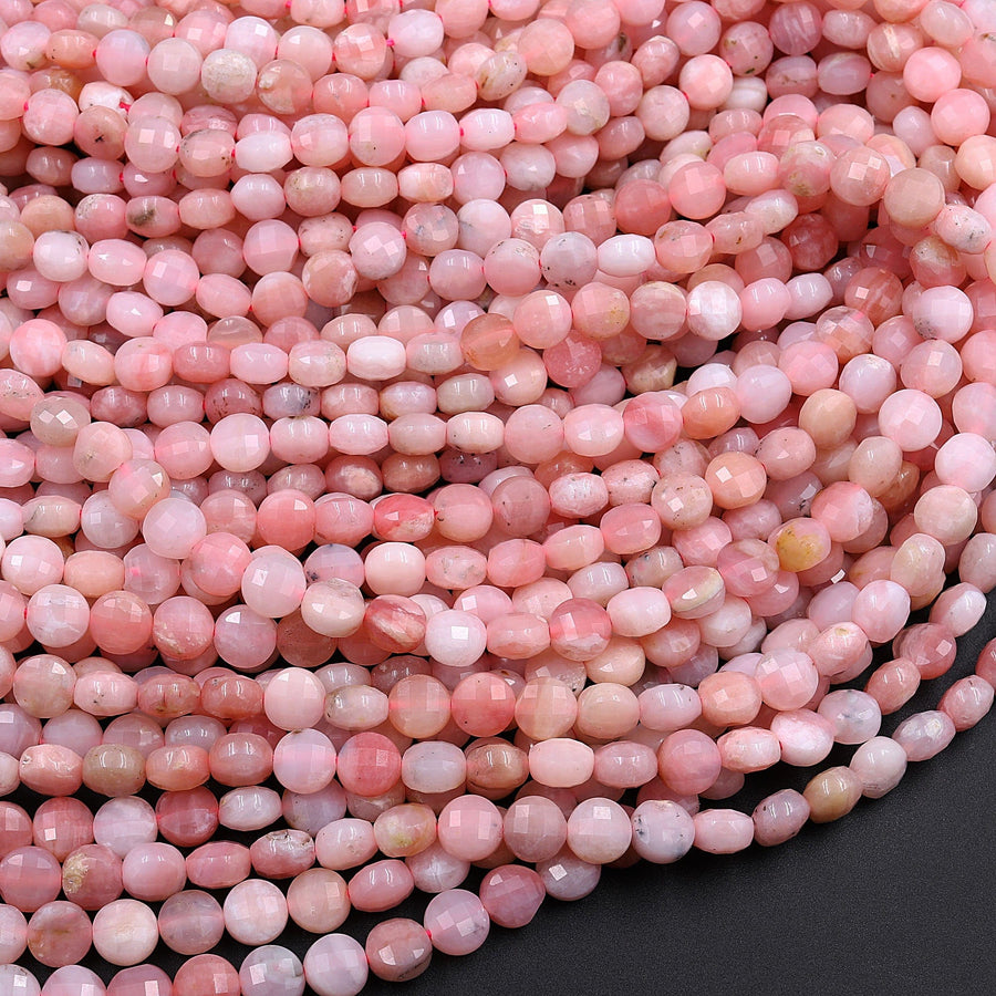 AA Faceted Peruvian Pink Opal 6mm 8mm Coin Beads Flat Disc Dazzling Facets Natural Gemstone 15.5" Strand